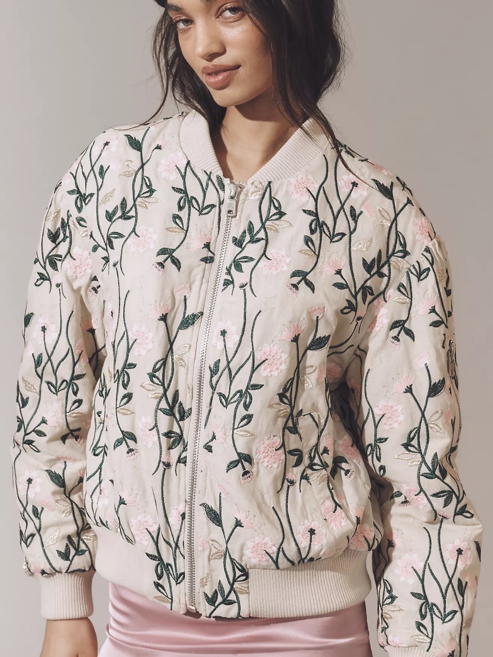 Anthropologie Avec Les Filles Cream Pink Floral Bomber Jacket Size XL